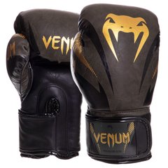 Рукавички боксерські шкіряні на липучці VENUM IMPACT VN03284-230 (р-р 10-14oz, хакі-золотий)