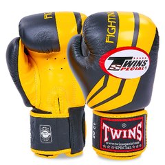 Рукавички боксерські шкіряні на липучці TWINS FBGVL3-43 (р-р 10-16oz, чорний-жовтий)